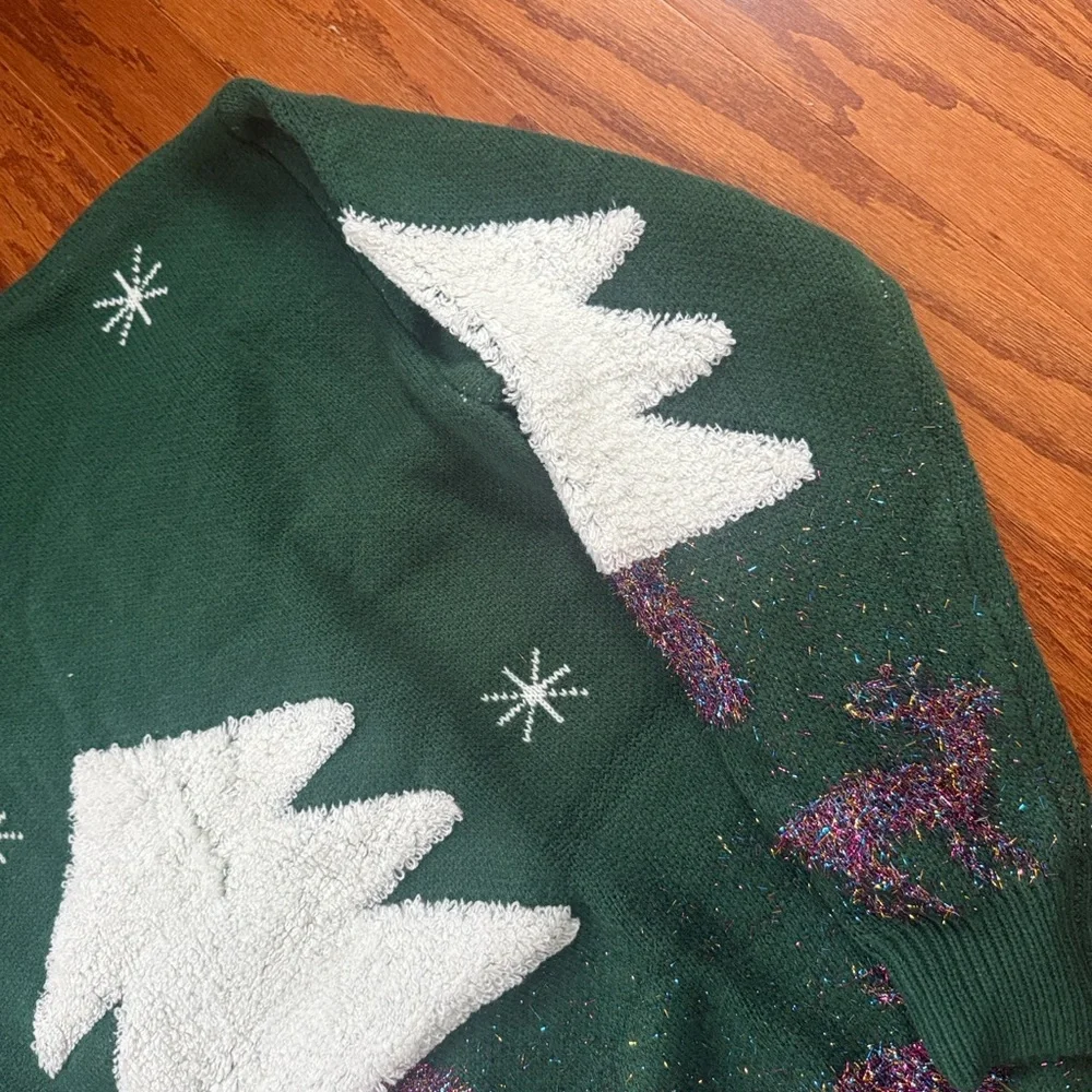Christmas Tree Reindeer Sweater Green Sparkling Winter Scene Holiday Knit_11